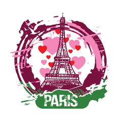 Paris, France city design, with love hearts and Eiffel Tower. Hand drawn illustration.