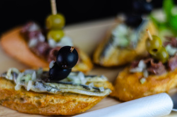 Spanish seafood tapas, mini sandwiches food set,  delicious snack appetizer