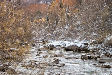 Ordesa National Valley in snowy autumn, located in Pyrenees Spain