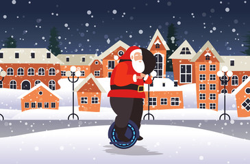 santa claus riding self balancing mono wheel personal electrical transport merry christmas happy new year winter holidays celebration concept snowy cityscape background horizontal vector illustration