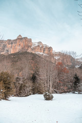 Ordesa National Valley in snowy autumn, located in Pyrenees Spain