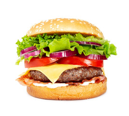 Classic cheeseburger with beef, cheese, bacon, tomato, onion and lettuce