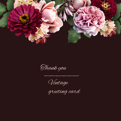 Vintage floral card. Pink roses, zinnia, hydrangea isolated on dark background. Template for greeting card, wedding invitations.