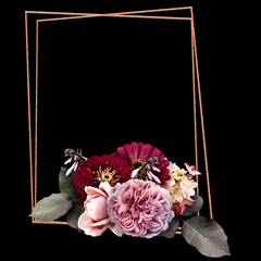 Floral polygonal geometric frame isolated on dark background. Pink roses, zinnia. For invitation, greeting, wedding card. 