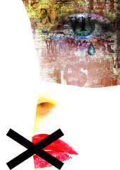 Mixed media. Contemporary art portrait of abused, banned to speak and express opinion woman