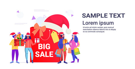 people in santa hats standing near big shopping bag christmas sale concept mix race men women holding gift boxes xmas new year holidays celebration horizontal full length copy space vector