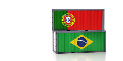 Two freight container with Portugal and Brazil national flag. 3d rendering 