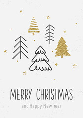 Christmas greeting card. Winter trees, gold and black texture. Merry Christmas and Happy New Year.