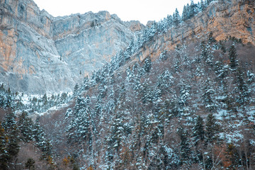 Fototapeta na wymiar Ordesa National Valley in snowy autumn, located in Pyrenees Spain