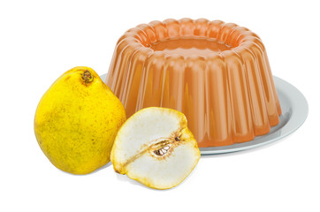 Quince Jelly on a plate with quinces, 3D rendering