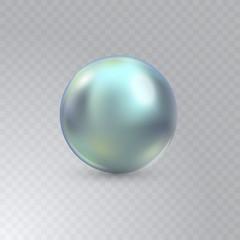 Vector illustration of single shiny natural blue sea oyster pearl with light effects isolated on transparent background. Beautiful 3D shining realistic pearl for luxury accessories.