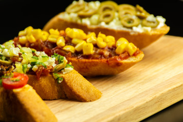 traditional spanish tapas for lunch table, mini sandwiches food set,  delicious snack appetizer