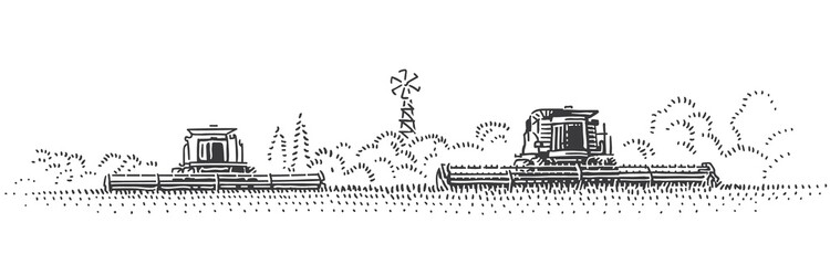Combine harvesters working in field. Harvesting engraving style illustration. Combine harvesters in countryside drawing. Vector. 