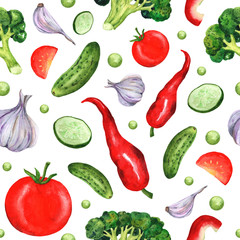 Watercolor seamless pattern with vegetables from the garden. Hand-drawn for design of textiles, fabrics, paper, holidays and any design.