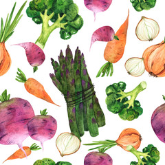 Watercolor seamless pattern with bright vegetables from the garden. Hand-drawn for textiles, fabrics, paper decor, holidays and any design.