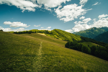 Path between foPath on meadow in mountains. Photo from hike in Svaneti region, Georgia, from Mestia to Ushguli.rest and meadow with Julian Alps in the background, Slovenia.