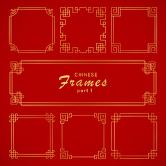 Asian frame set in vintage style on red background. Traditional chinese ornaments for your design. Vector golden japanese pattern. Artwork graphic, asian culture decoration