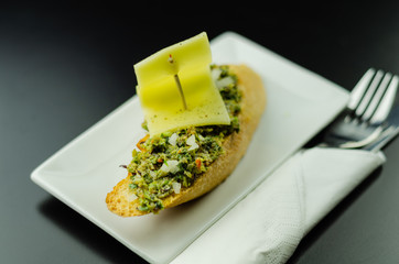 traditional spanish tapas for lunch table, mini sandwiches food set,  delicious snack appetizer