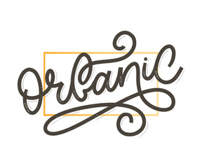 Organic slogan brush lettering. Hand drawn word organic with green leaves. Label, logo template for organic products, healthy food markets.