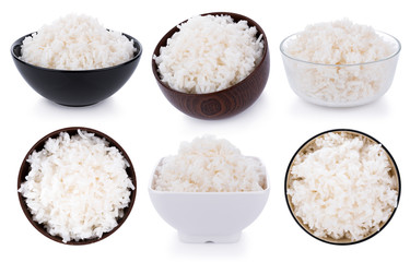 Rice in a bowl on a white background. top view