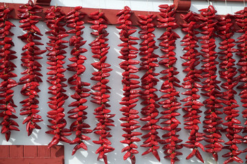 Garlands of small hot red peppers are hung on the walls of white houses in the Basque country France