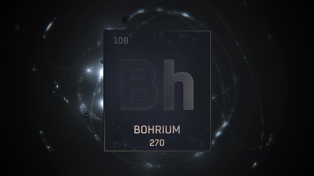 Bohrium as Element 107 of the Periodic Table. Seamlessly looping 3D animation on silver illuminated atom design background with orbiting electrons. Design shows name, atomic weight and element number