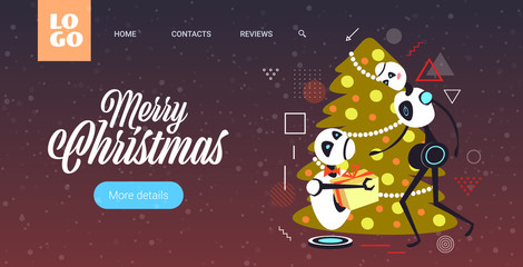 robots couple holding gift present box merry christmas happy new year winter holidays celebration artificial intelligence concept horizontal greeting card vector illustration