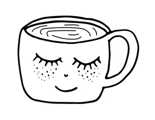 Black and white cup vector illustration. Hand drawing outline mug with eyes in Scandinavian style. Hygge  dishes.