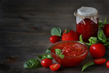 tomato jam or marmalade with basil. unusual jam. Turkish, French or Italian cuisine. copy space