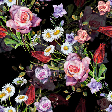Seamless pattern with rose and chamomile on black background.