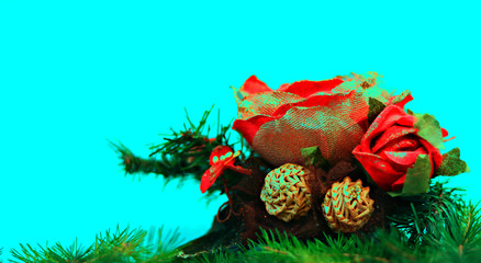  Christmas card with holiday decoration, on a green background. Christmas template for banner, ticket, brochure, card, invitation, poster, etc. Place for text.