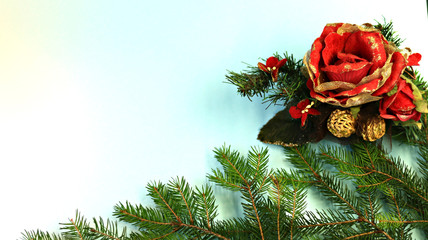 Christmas card with holiday decoration, on a green background. Christmas template for banner, ticket, brochure, card, invitation, poster, etc. Place for text.