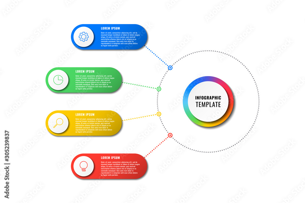 Aufkleber infographic template with four round elements on white background. modern business process visualisa