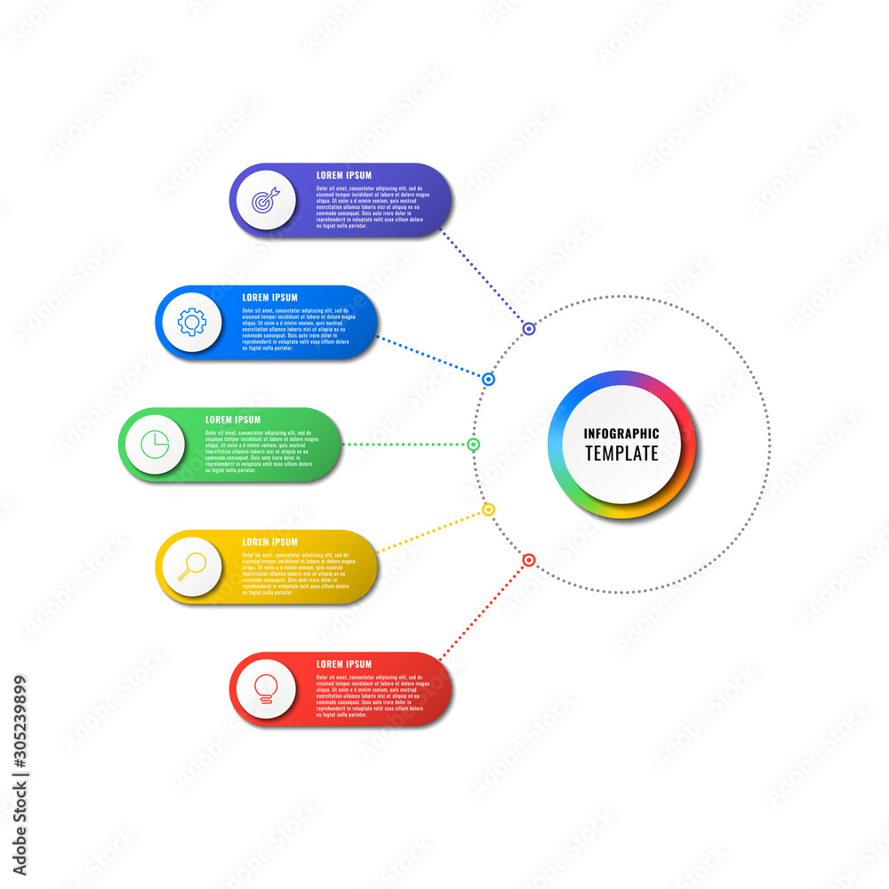 Aufkleber infographic template with five round elements on white background. modern business process visualisa