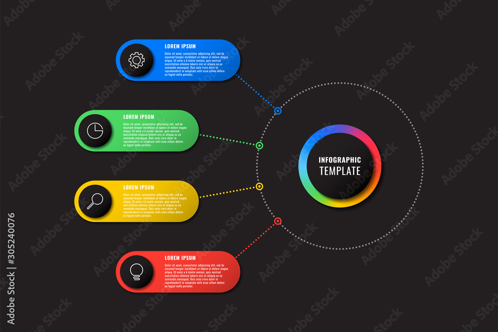 Aufkleber infographic template with four round elements on black background. modern business process visualisa