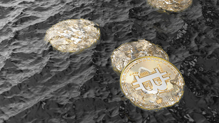 Bitcoin coins are flush with water with stormy sky in background, fall cryptocurrency concept. 3D illustration