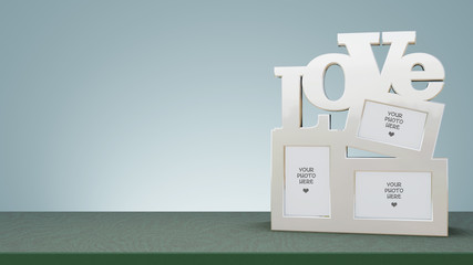 3D Rendering : illustration of empty Picture frame with love word mock up on wooden shelf. New year interior design mock up for insert your photo. clipping path included