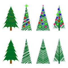 Set of christmas trees icons with decoration isolated on white background. Design element for logo, label, sign, banner, poster. Vector illustration