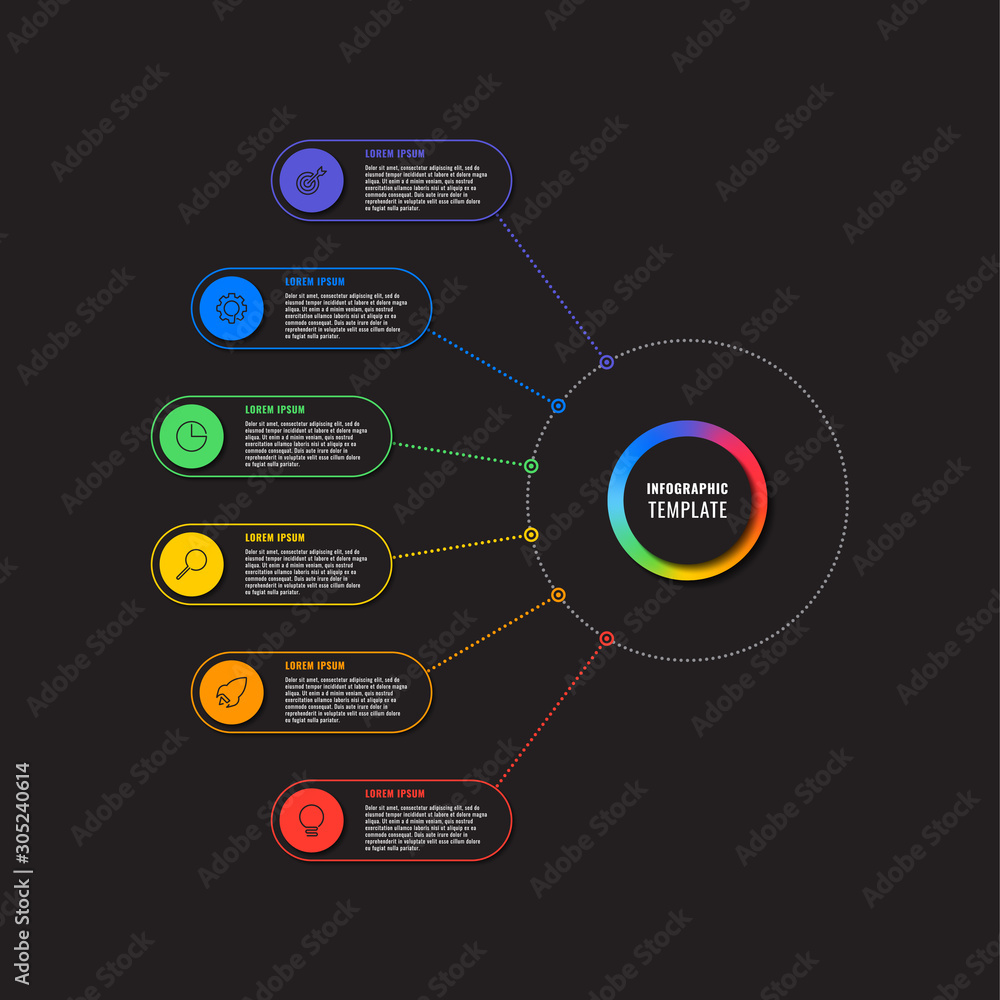 Aufkleber infographic template with six round elements on black background. modern business process visualisat