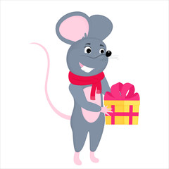 Gray cartoon mouse holds a box with a gift. Rat is a symbol of Chinese New Year 2020.