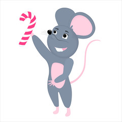 Gray cartoon mouse holds a striped lollipop. Rat is a symbol of Chinese New Year 2020.