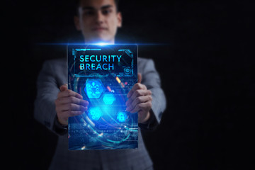 Business, Technology, Internet and network concept. Young businessman working on a virtual screen of the future and sees the inscription: Security breach