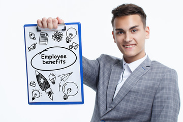 Business, technology, internet and network concept. Young businessman shows a keyword: Employee benefits