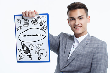 Business, technology, internet and network concept. Young businessman shows a keyword:...