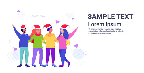 Fototapeta na wymiar people in santa hats standing together having fun mix race men women embracing merry christmas happy new year winter holidays celebration concept horizontal full length copy space vector illustration