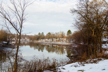 View of the 1859 St-Félix-de-Valois Church with its reflection in the Cap-Rouge River during an...