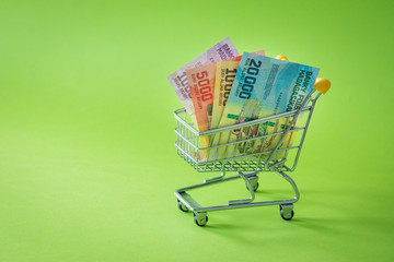 Miniature shopping trolley with Madagascar money. The concept of shopping and the power of the economy. Place for text