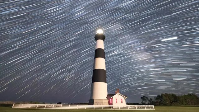 Time lapse showing star trails over Bodie Island Lighthouse, Nags Head, North Carolina.
