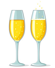 Two glasses of champagne with foam and without on a white.