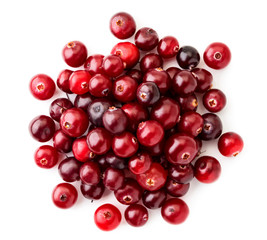 Pile of red cranberries on a white background. The view of top.